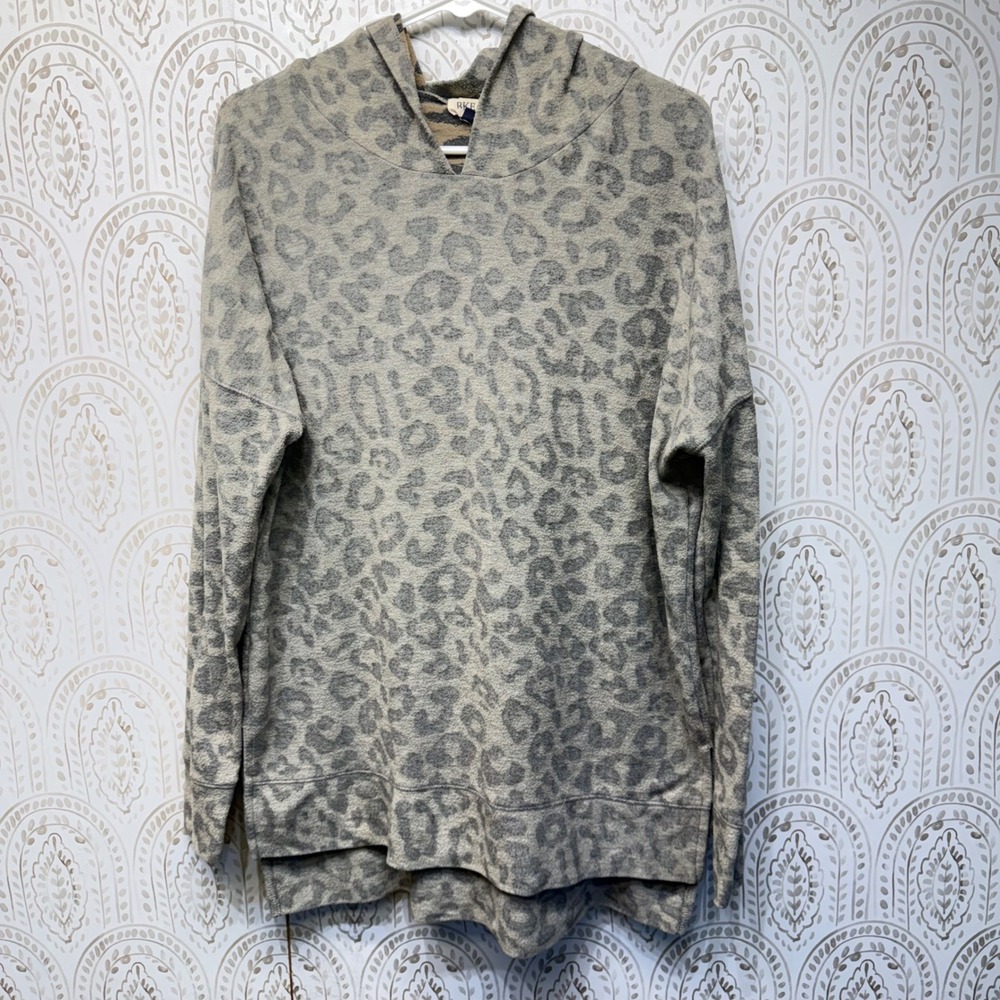 BKE Hoodie Women Medium Grey Leopard Print Oversized High Low Knit Pullover